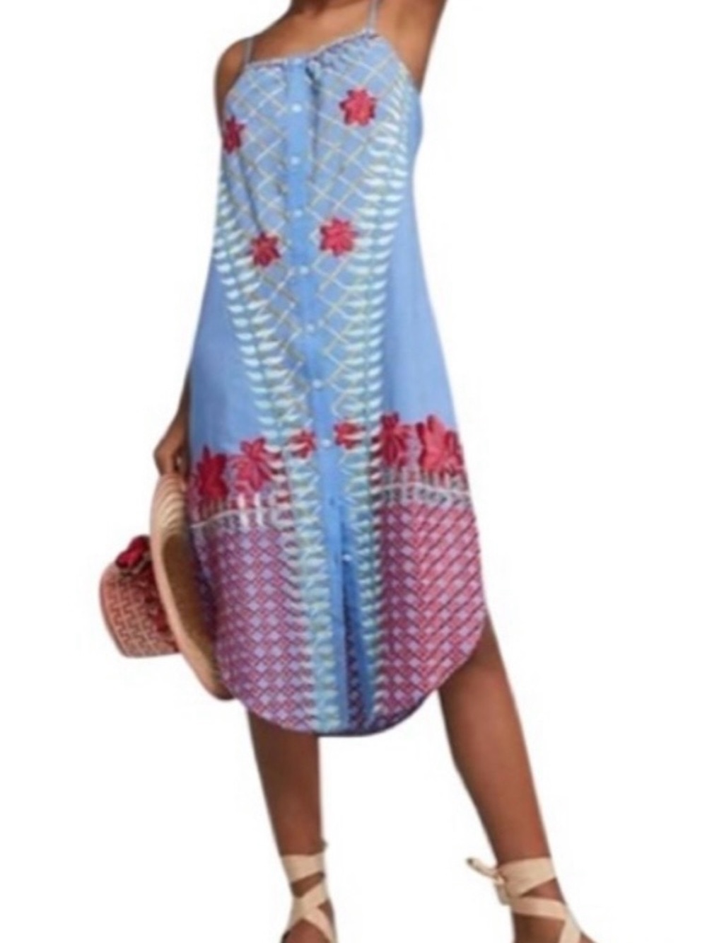 Anthropology Lilka Blue Midi Dress with colorful Embroidery